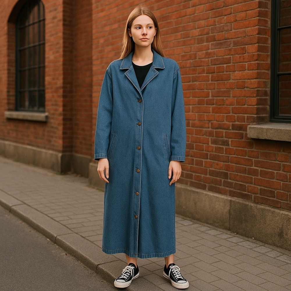 Blue J. Vintage Denim Duster Coat Maxi Trench Jacket Large